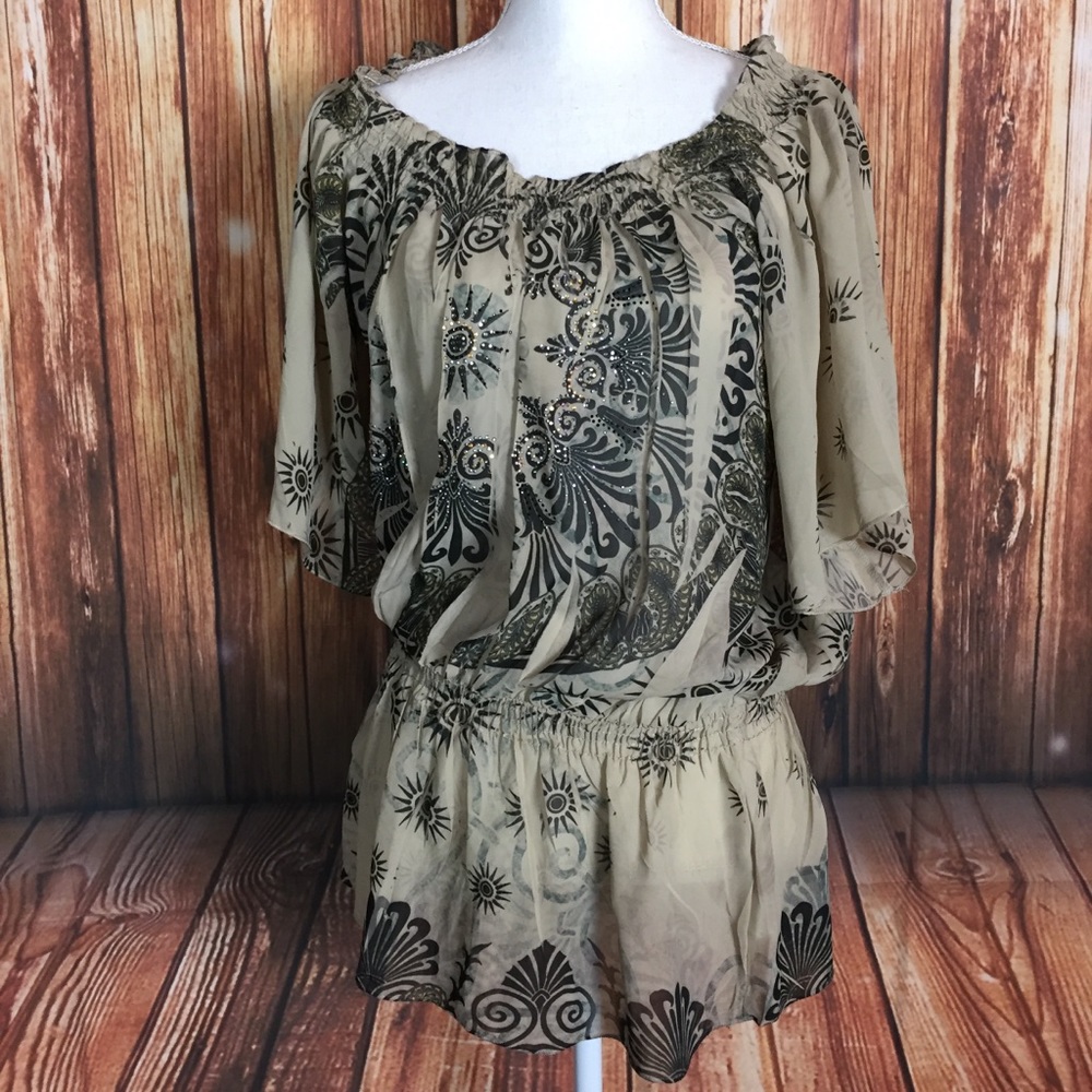 B.L.E.U Tan Sublimation Rhinestone Goddess Blouse